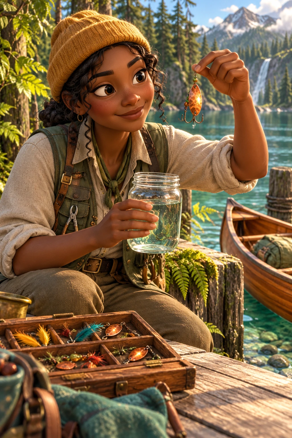 Noor comparing a copper lure with clear river water