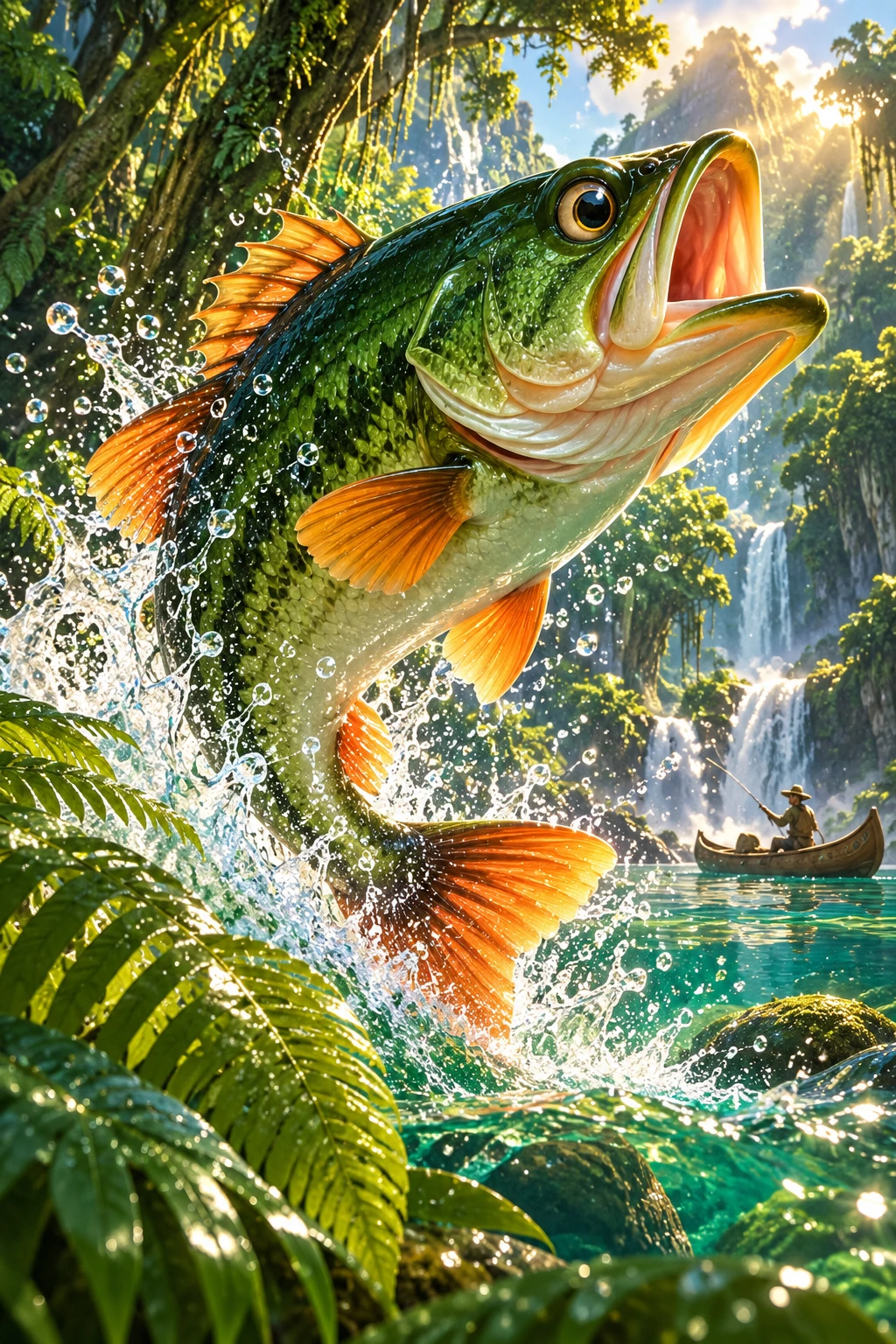 A jade bass leaping through rainforest sunlight