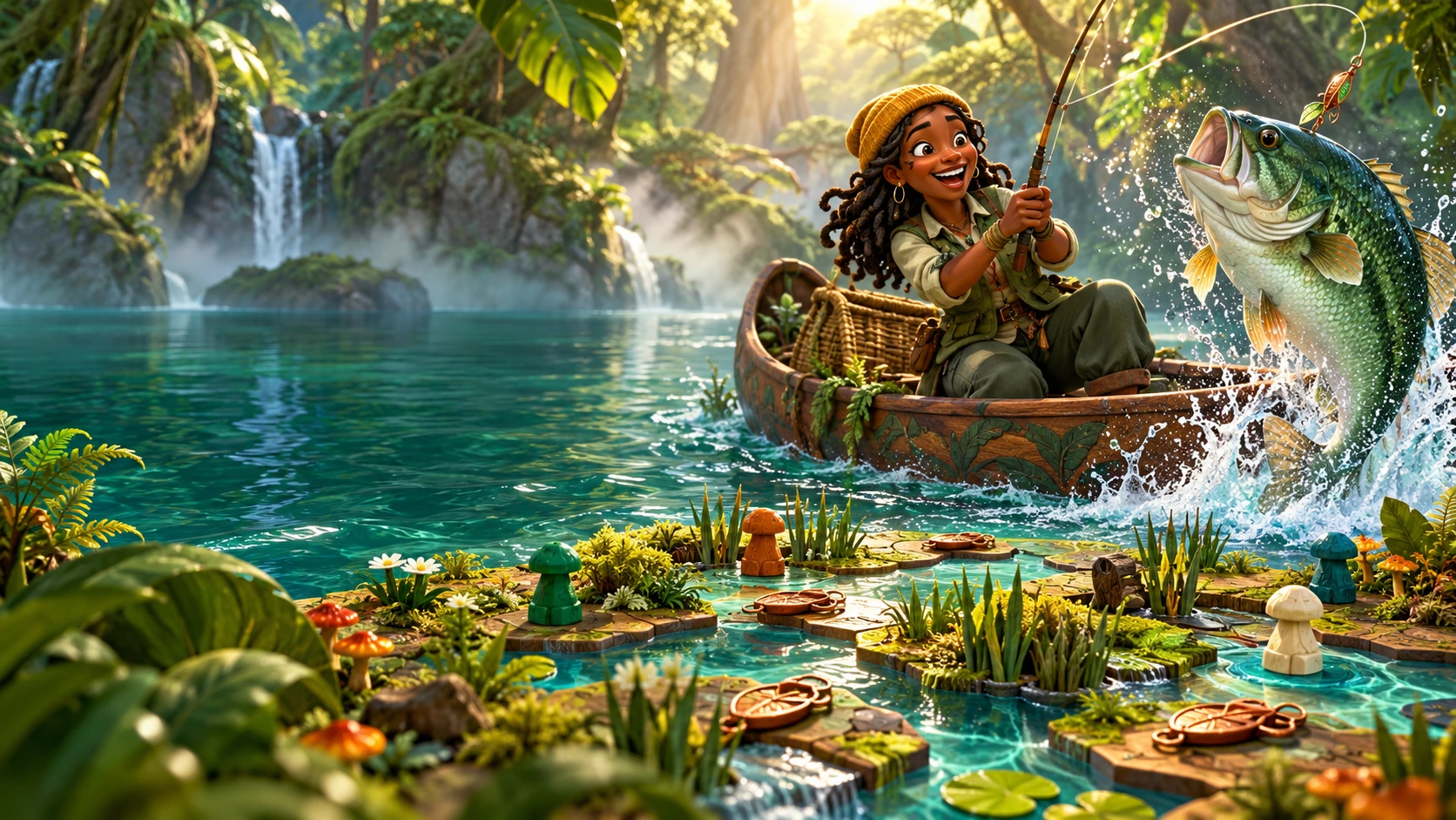 Noor in a cedar canoe beside a leaping jade bass and a rainforest tabletop board