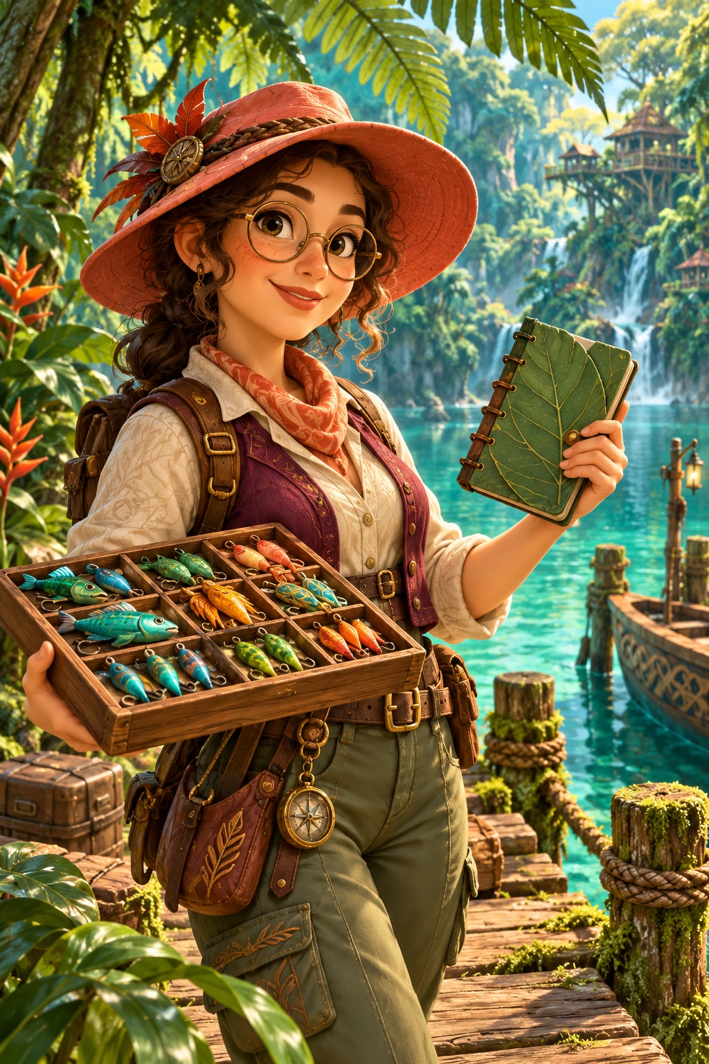 Suri carrying a lure tray beside a fern-lined dock