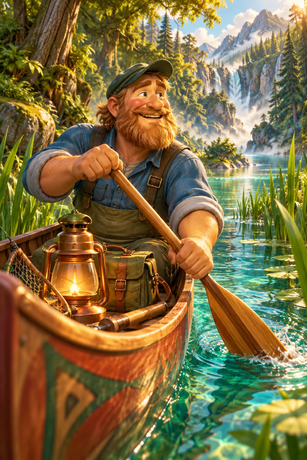 Ewan paddling a cedar canoe through emerald reeds