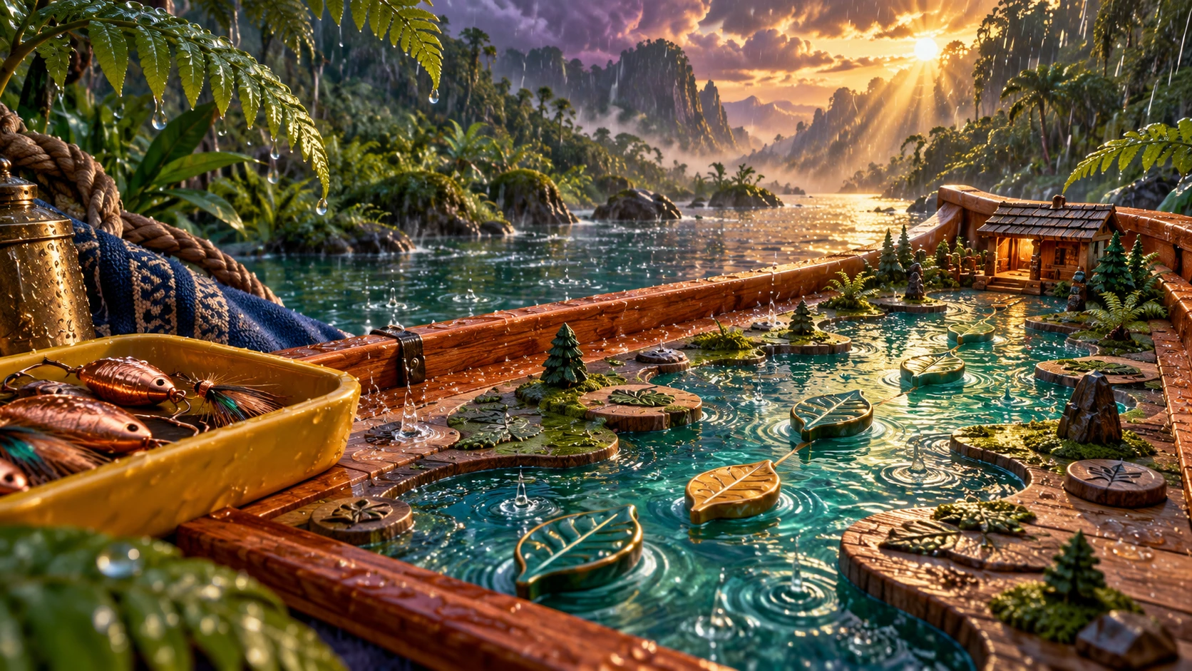 A jungle shower moving leaf tokens across a river board