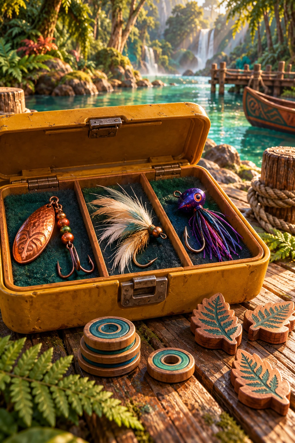 A yellow tackle case with feather, copper and violet lures