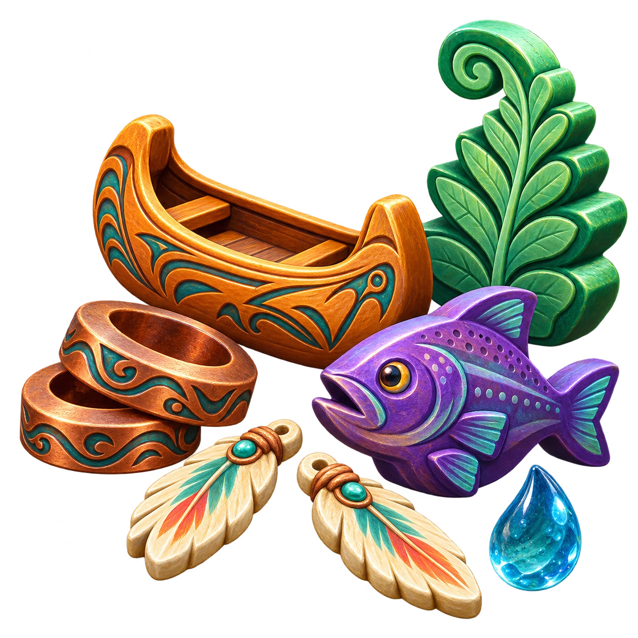 Canoe, fern, fish and depth-ring game pieces